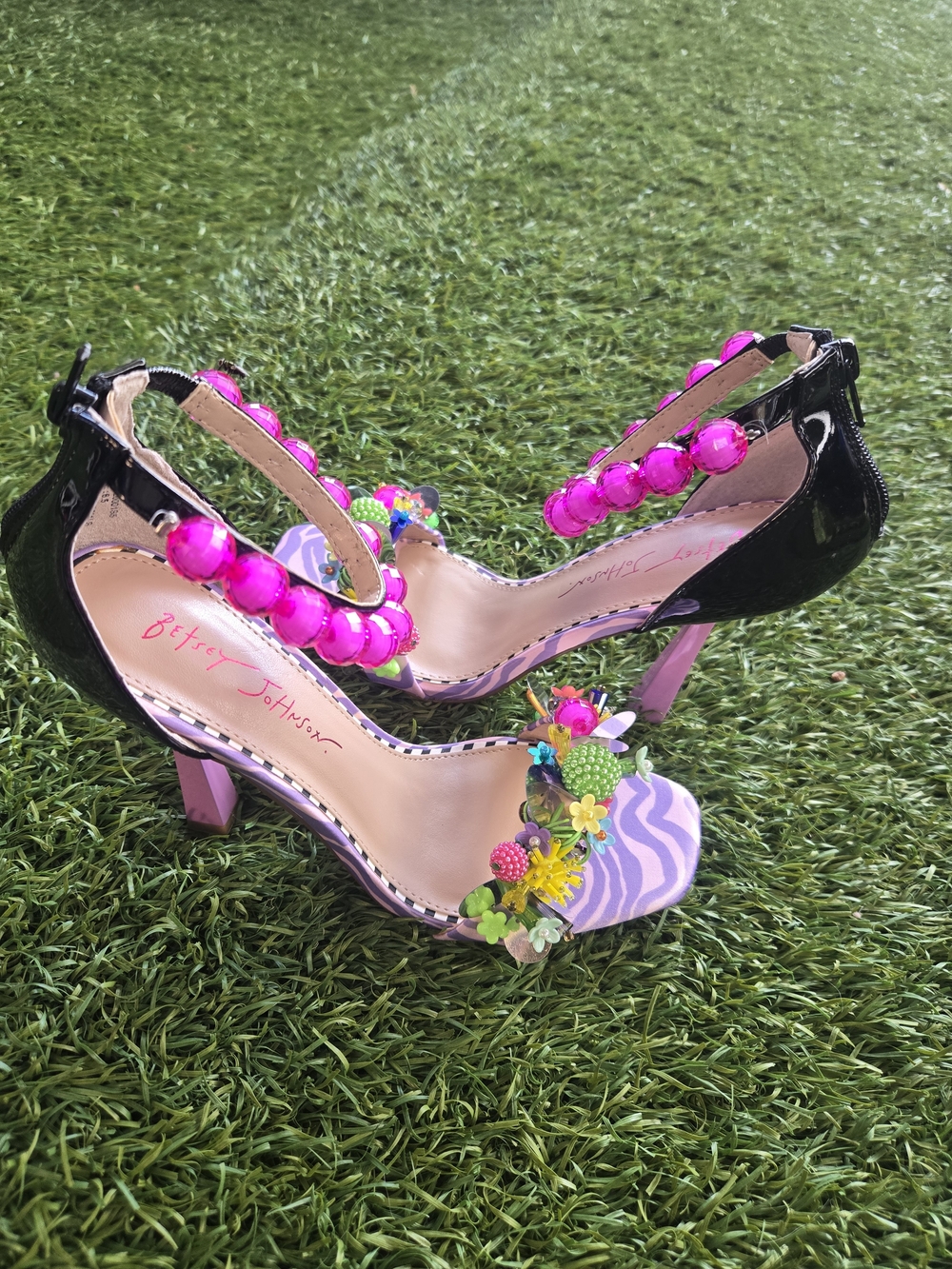 Betsey Johnson Pink Bead & Purple Zebra Floral Heels